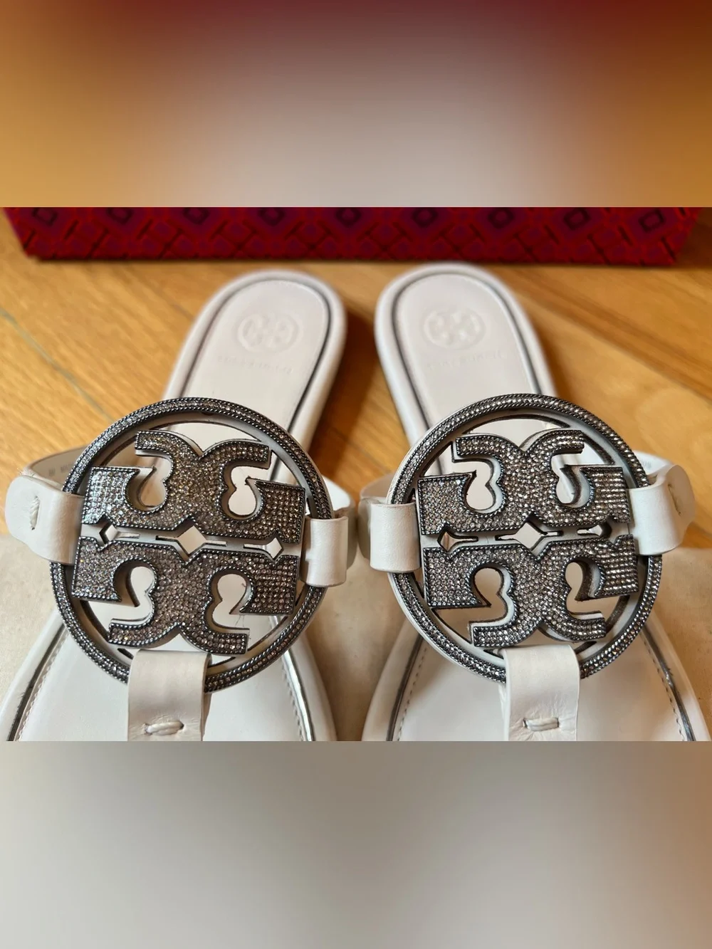 Tory Burch Ivory & Silver Metal Crystal Embellished Miller Sandals